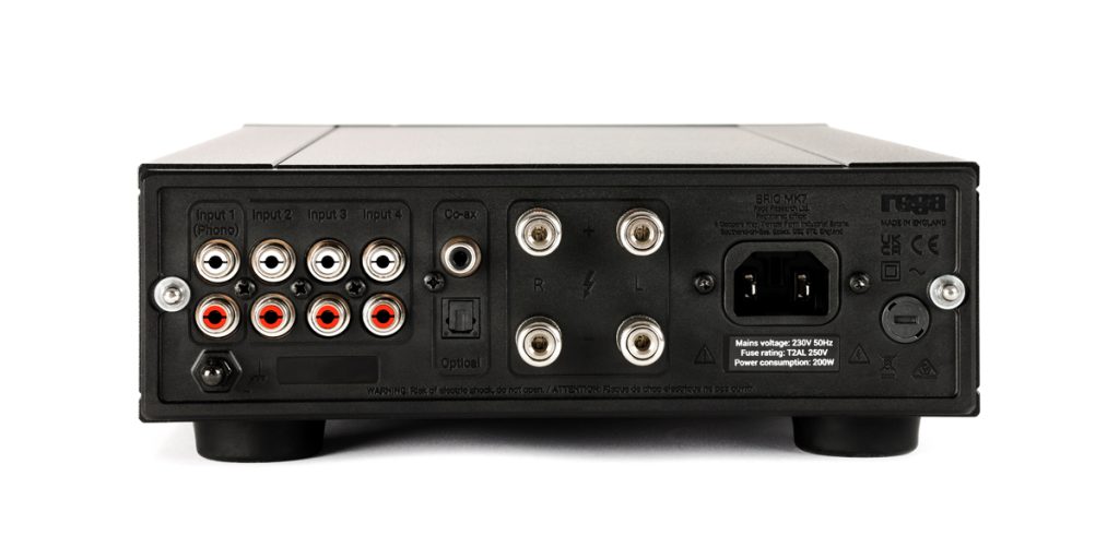 Rear panel of the Rega Brio MK7. Inputs include 1x phono RCA input, 3x RCA Line level inputs, 1x digital coaxial input & 1x optical input.