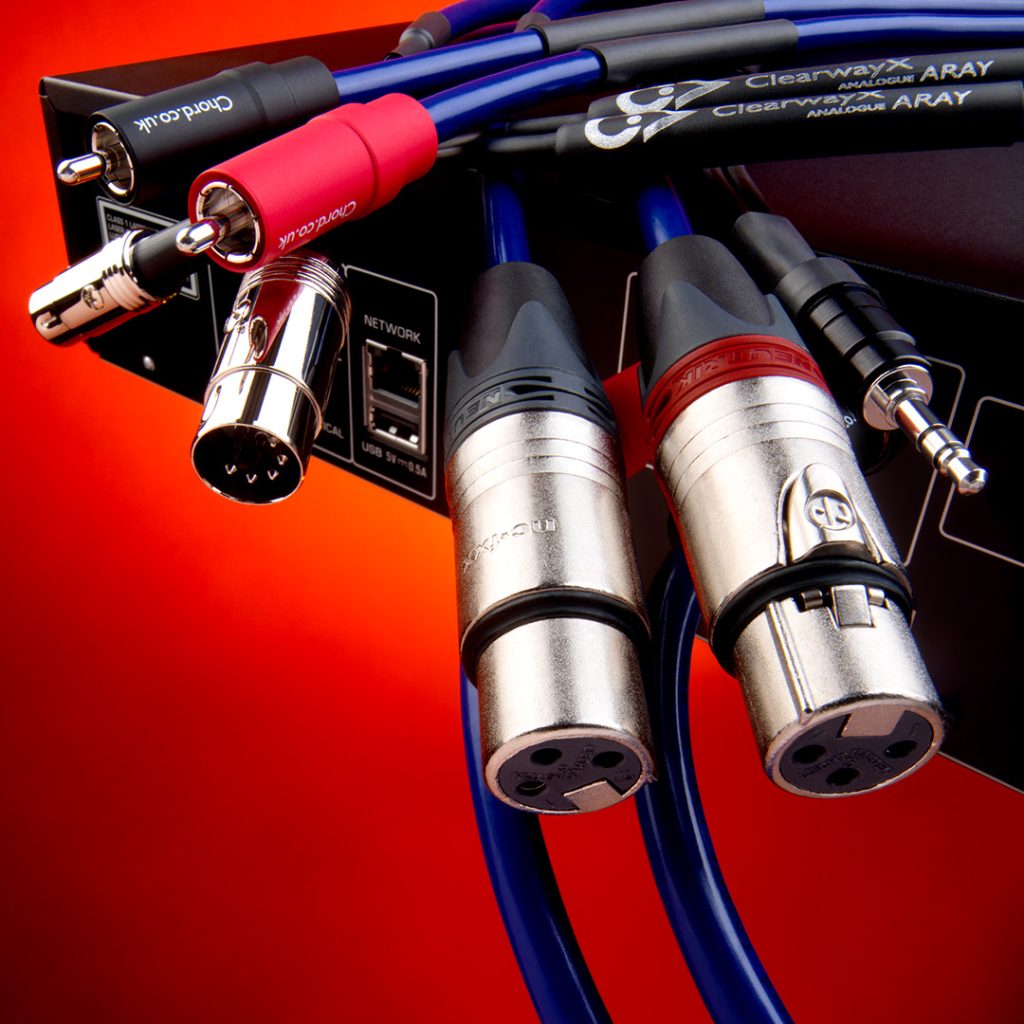 An image depicting the Chord Clearway range of cables including RCA, XLR, 3.5mm Jack and DIN connectors.