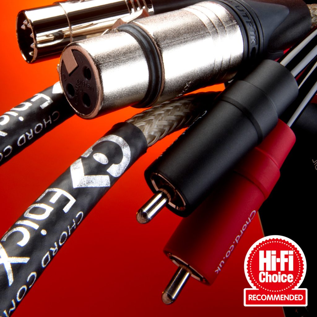 An image depicting the Chord Epic range of cables including RCA, XLR and DIN connectors with a Hi-Fi Choice Recommended award.