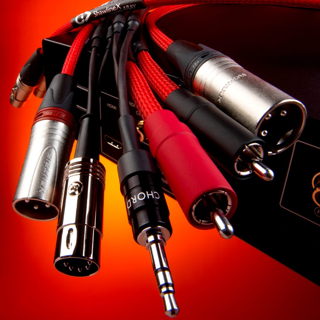 An image depicting the Chord Shawline range including RCA, XLR, 3.5mm Jack and DIN connectors.