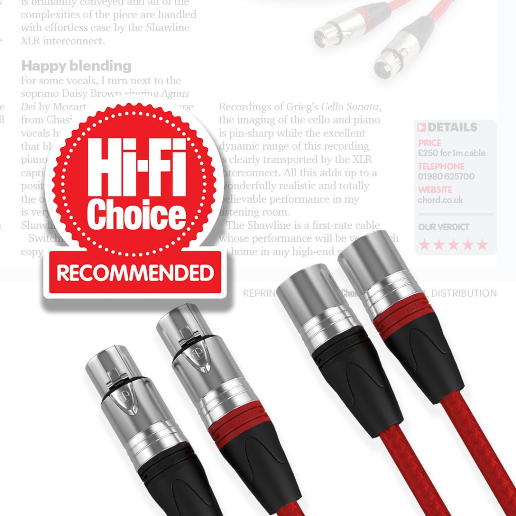 An image depicting the Chord Shawline XLR cable with a Hi-Fi Choice Recommended Award.
