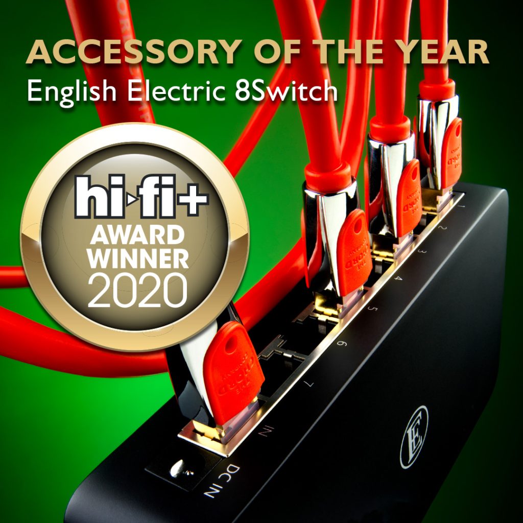 An image of the English Electric 8Switch with the Hi-Fi+ Award Winner 2020 badge.