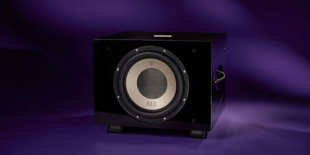 Product image of a REL S/850 Subwoofer in Piano Black without a Grille.