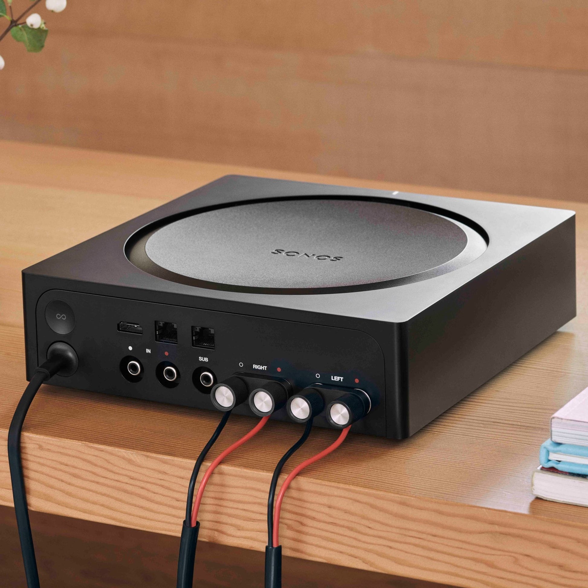 Lifestyle Image of the rear of a Sonos Amp in Black.