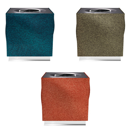 Image of the 3 options of Naim Mu-so Qb grille options. Peacock (top left), Olive (top right) and Terracotta (bottom middle).