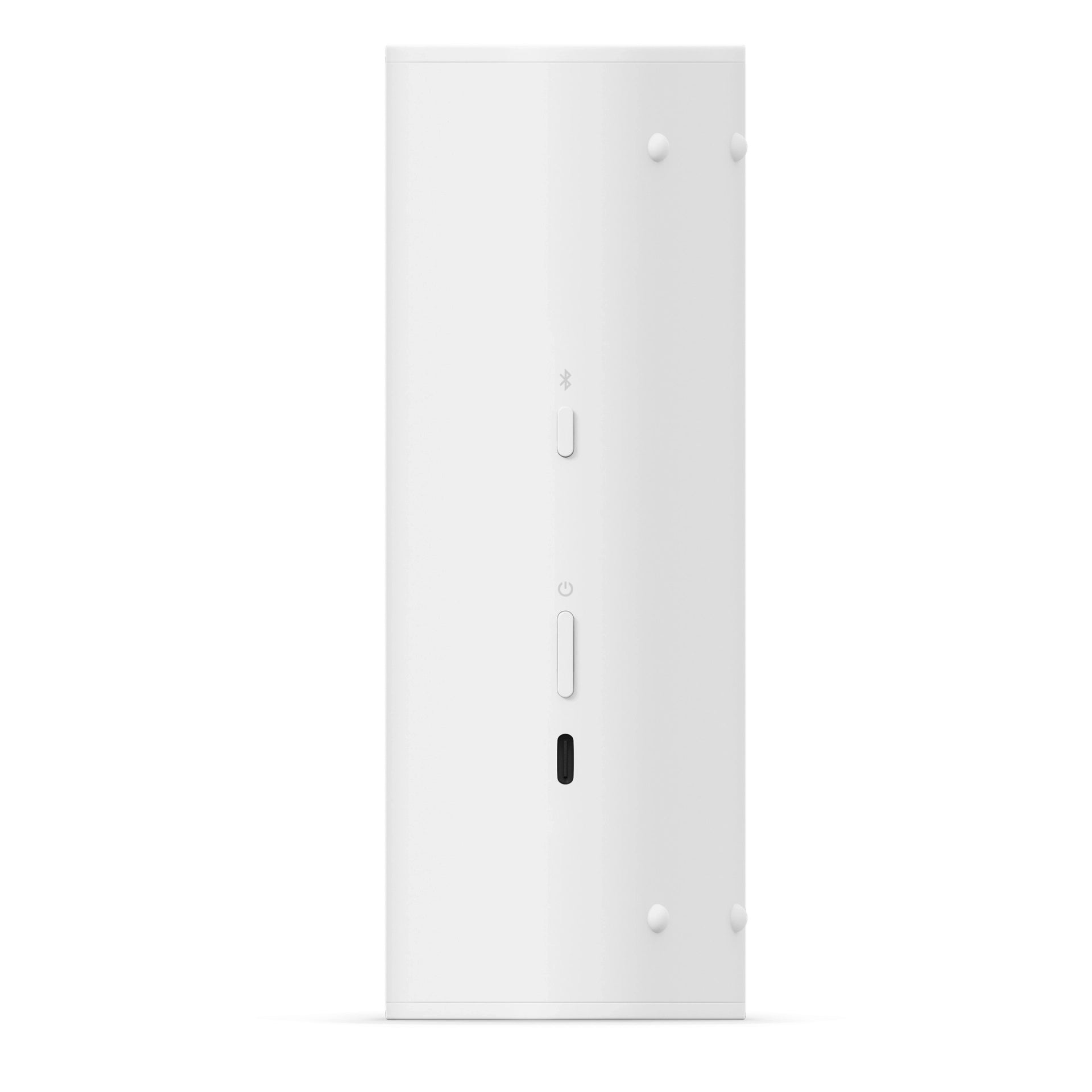 Product image of buttons and usb c port on a Sonos Roam portable speaker in white.