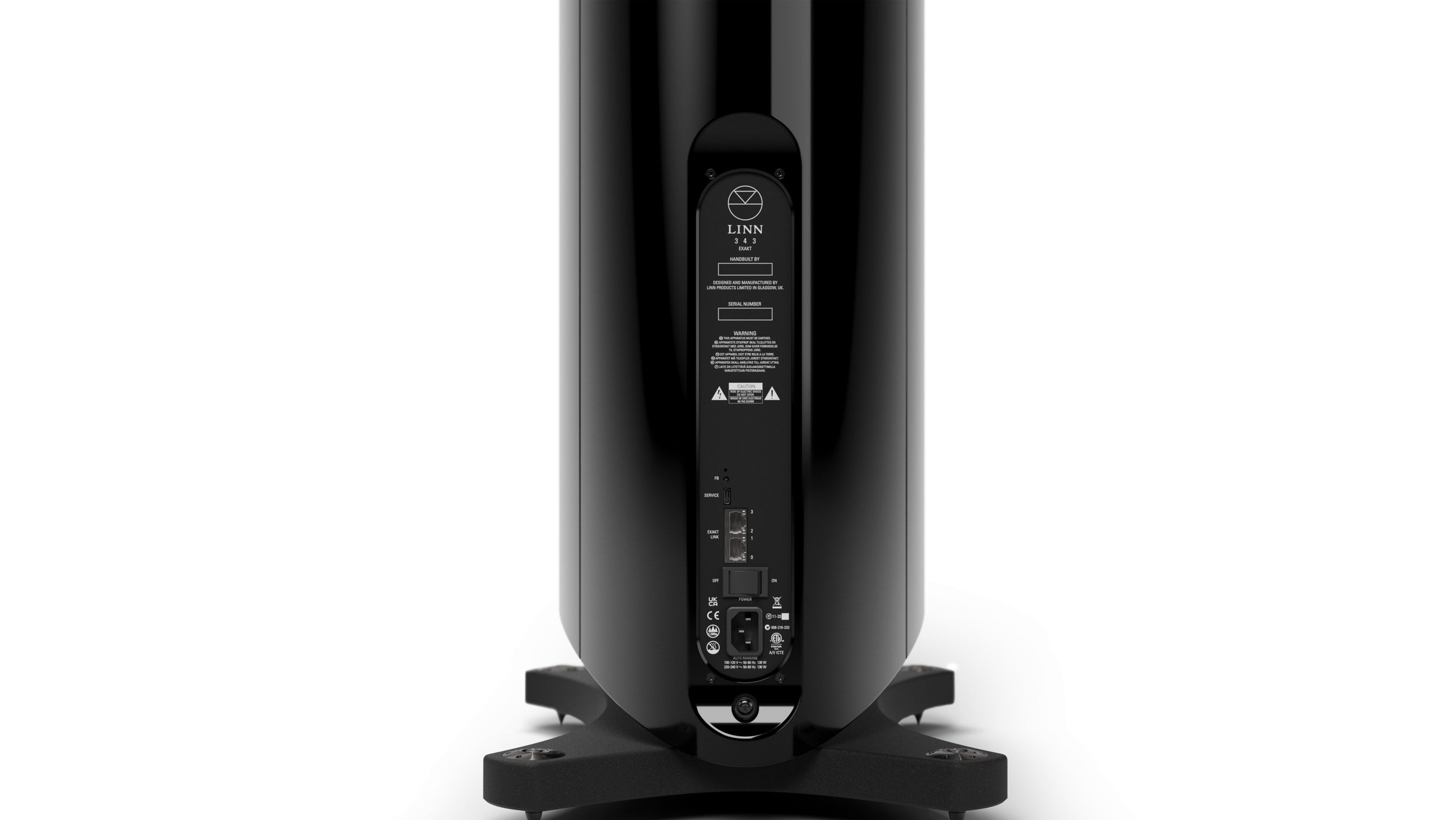 Product Image of the rear of the Linn 343 Speaker with Exakt Plugs in Piano Black