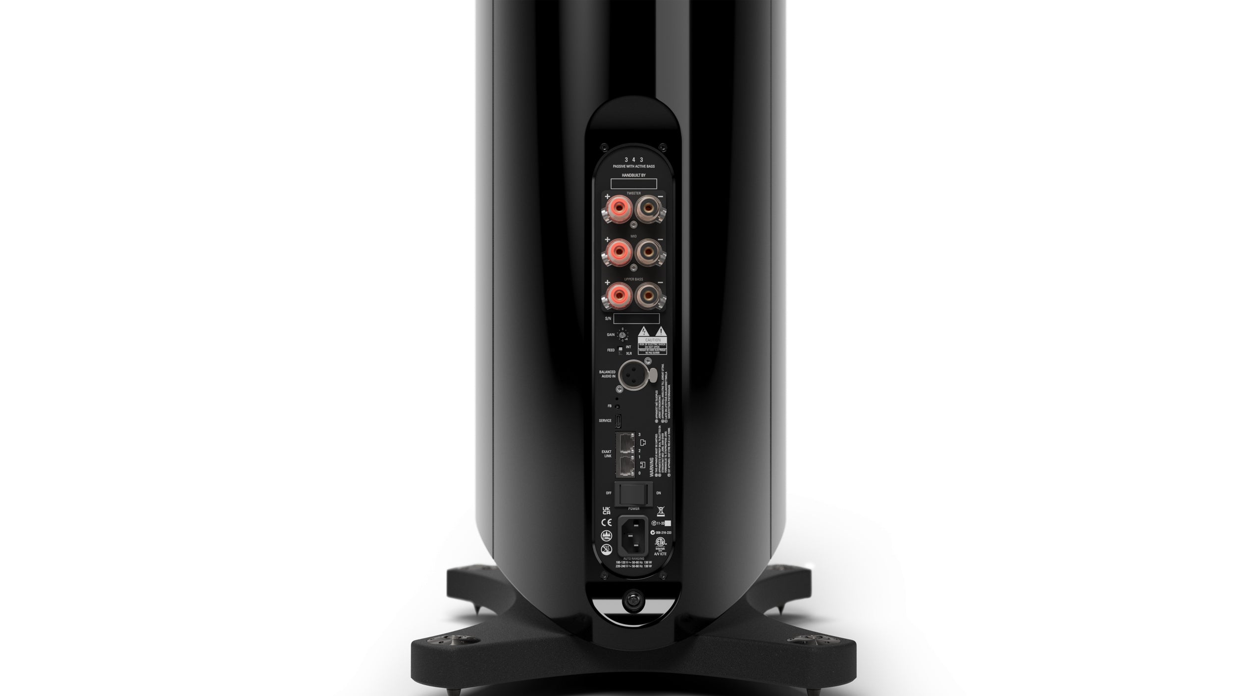Product Image of the rear of the Linn 343 Speaker with the passive module in Piano Black